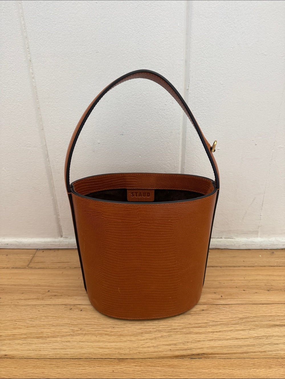 STAUD Lizard-Embossed Bisset Bucket Shoulder Bag & Sunglasses Case